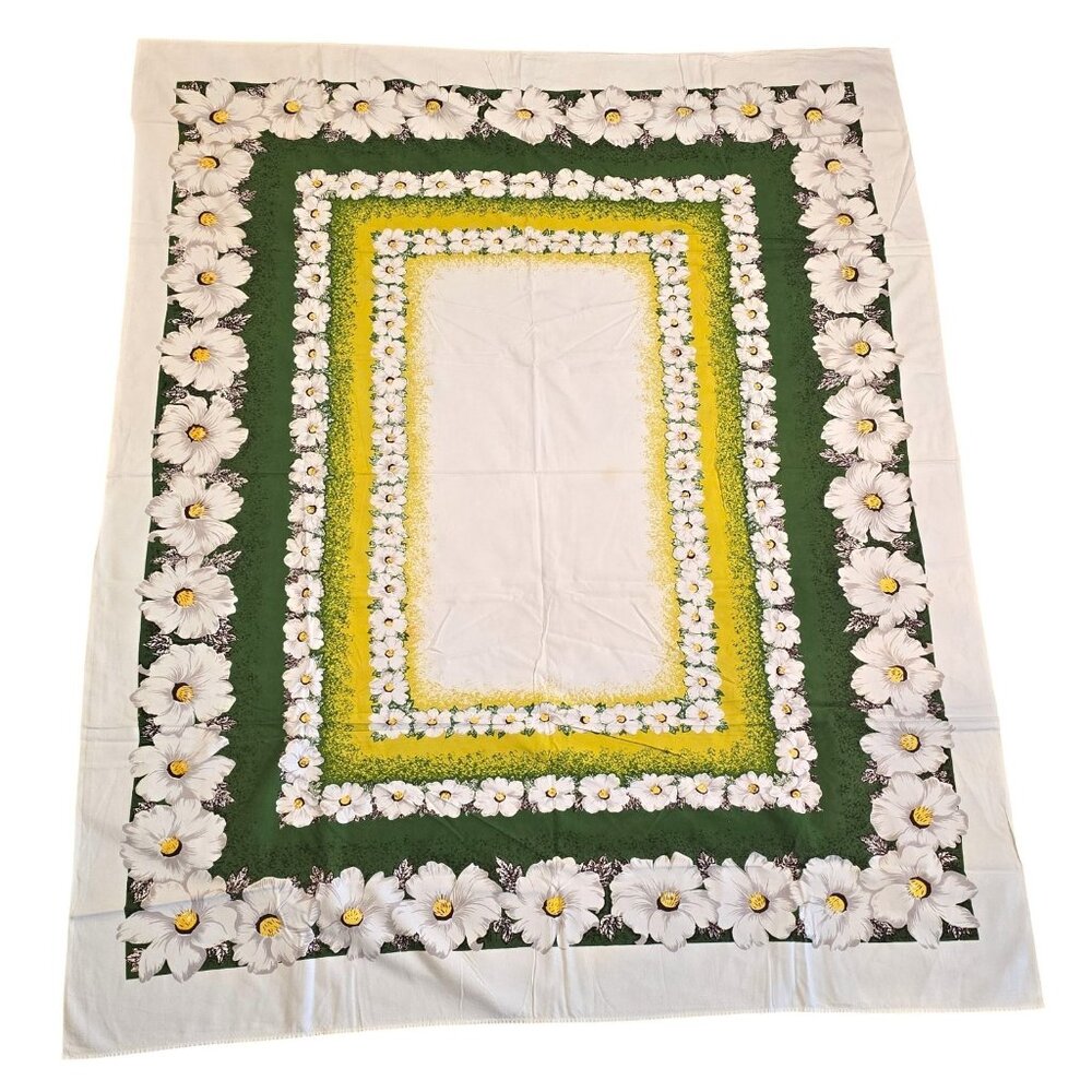 Vintage Tablecloth Floral White Yellow Green Tropical Hibiscus Border 52x64 Luau